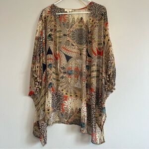 Umgee USA Boho Tribal Kimono Wrap Jacket w/ Pom Pom Trim M/L Sheer Lightweight